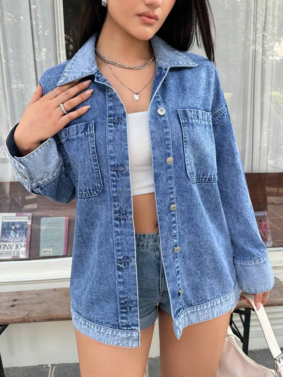 Rivivi Women's Turndown Collar Single-Breasted Pocket Casual Versatile Travel Long Sleeve Denim Jacket - Medium Wash - View 1