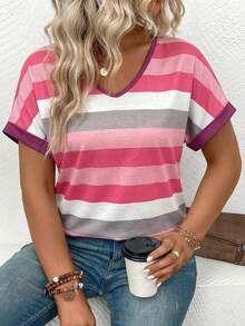 EMERY ROSE New Plus Size Women's Fashion Colorful Striped V-Neck Short Sleeve T-Shirt - Multicolor - View 5