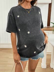 SHEIN 孕妇花卉刺绣圆领短袖T恤 - 黑色 - 查看 2