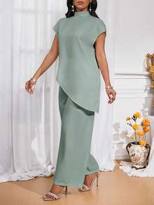 SHEIN Lady Women's Casual Mint Green Stand Collar Tunic Top And Wide Leg Pants Two-Piece Set - Mint Green - View 6