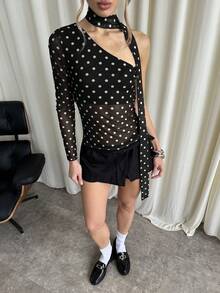 SHEIN BAE Women's Contrast Polka Dot Print One-Shoulder Top - Black - View 7