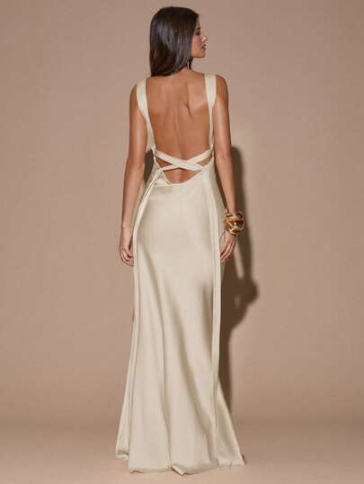 SHEIN BAE Sexy Minimalist Solid Color Yellow/Cream Deep V-Neck Sleeveless Backless Tie Dress, Suitable For Party, Cocktail, Formal Occasions, Bridesmaid, Birthday, Christmas, Business Casual