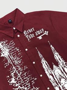 ROMWE MEN Goth Camisa casual de manga corta con estampado de letras y de una sola hilera de botones para hombre - Óxido marrón - Ver 3