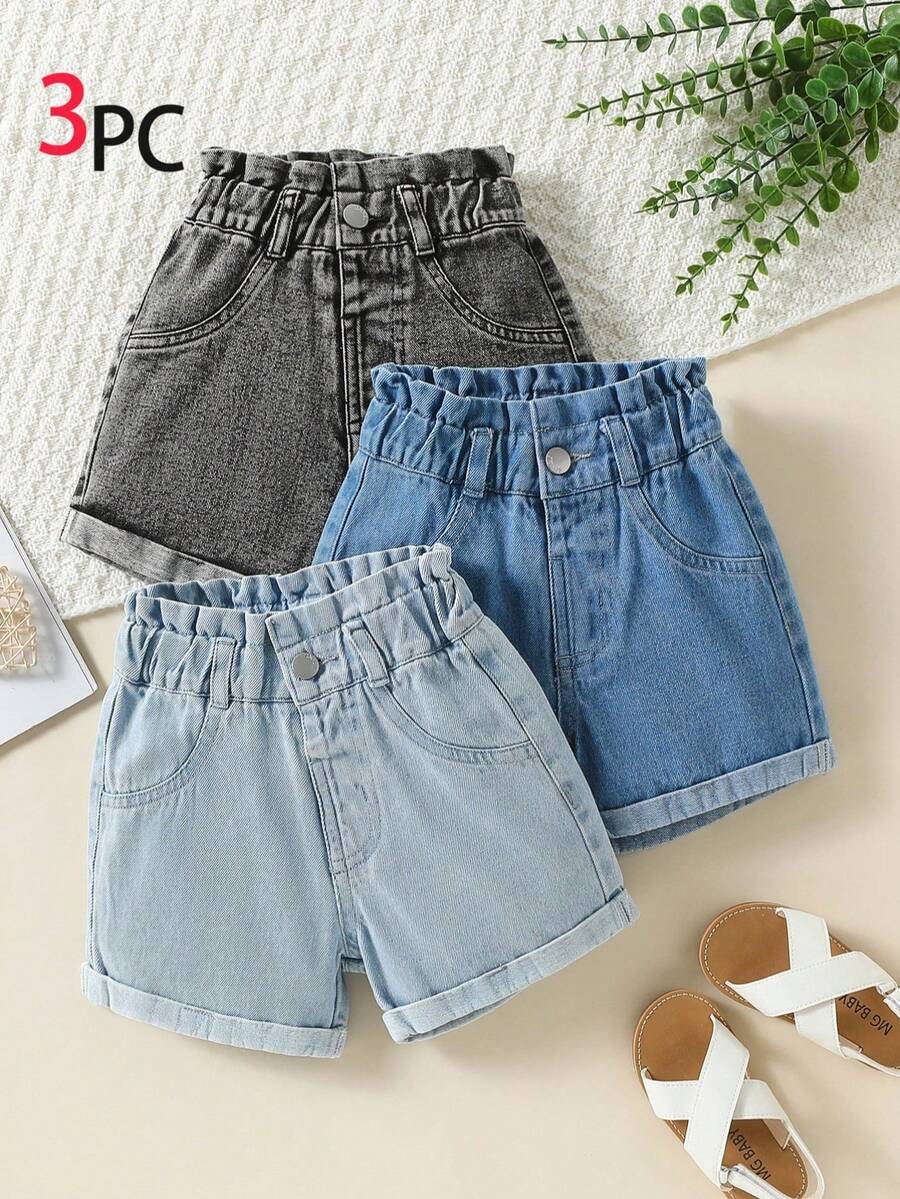 SHEIN 3pcs Girls Denim Shorts Set,Blue Back-To-School Fashionable Washed Loose Shorts With Elastic Waist,3 Pack Cute Casual Summer Kids Clothes For Vacation - Multicolor - View 1