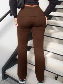 Alexandranx Apricot Tight Waist Flare Pants, Minimalist Commute, Home, Casual Wear Young Women Knit Pants Autumn Winter Clothes For Women,Fall,Fall Clothes For Women - Coffee Brown - View 2