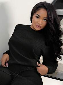 Alexandranx 2pcs/Set Solid Color Crew Neck Long Sleeve Sweater And Pants, Casual Knitwear Set Fall Winter Cloth For Women - Black - View 5