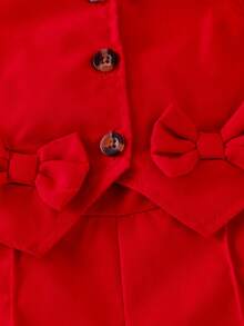 2pcs Baby Girls' Red Bow Button Vest & Shorts Set, Summer Children Fashion Commuter Style Outfit Toddler Girl Red Outfit - Red - View 3