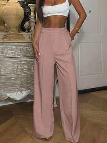 Ronhire Women High Waist Pleat Casual Straight Leg Trousers, Office Wear - Dusty Pink - View 5