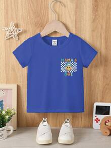 SHEIN Young Boys' Casual Fashion Comfortable Checkered & Face Letter Printed Round Neck Short Sleeve T-Shirt, Spring/Summer Summer Holiday - Blue - View 3
