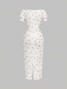 SHEIN MOD 女士泡泡袖方领修身中长连衣裙，挤奶女工连衣裙，茶会连衣裙，女士印花中长连衣裙方领泡泡袖，婚礼宾客连衣裙，春夏装扮，茶会装扮，田园风连衣裙，节日，生日，情人节，度假装扮 - 彩色 - 查看 4