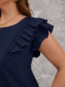 SHEIN Clasi Áo kiểu nữ cỡ lớn cổ vuông hai lớp tay ngắn có nơ - Màu xanh hải quân - Xem 3