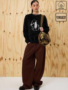 COUREZ Quần ống rộng cạp thấp dáng phồng bằng cotton với vòng kim loại phía sau / Trang phục đi chơi phong cách Y2K, quần áo mùa thu cho nữ, quần áo mùa đông cho nữ, quần ống rộng thường ngày phong cách rave. - Màu Khaki - Xem 1
