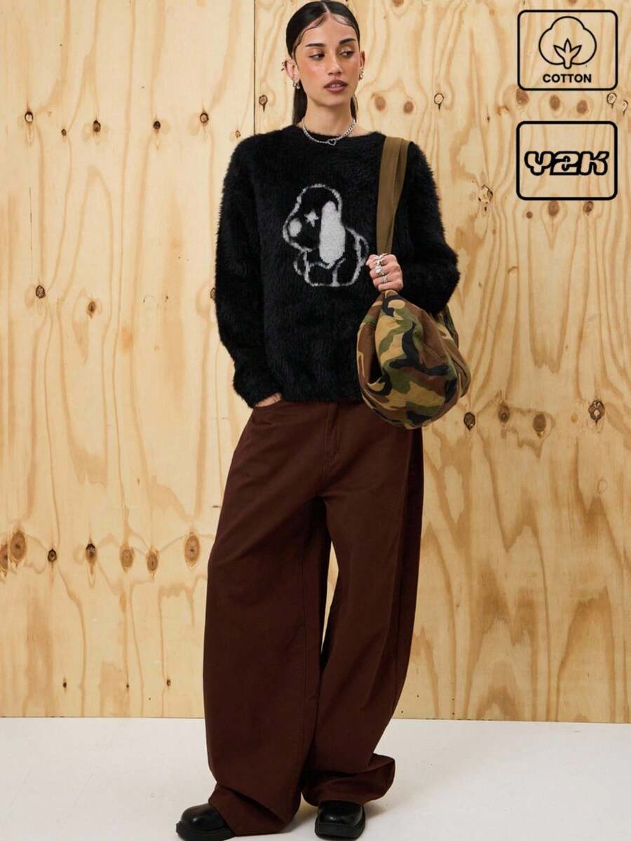 COUREZ Quần ống rộng cạp thấp dáng phồng bằng cotton với vòng kim loại phía sau / Trang phục đi chơi phong cách Y2K, quần áo mùa thu cho nữ, quần áo mùa đông cho nữ, quần ống rộng thường ngày phong cách rave. - Màu Khaki - Xem 1