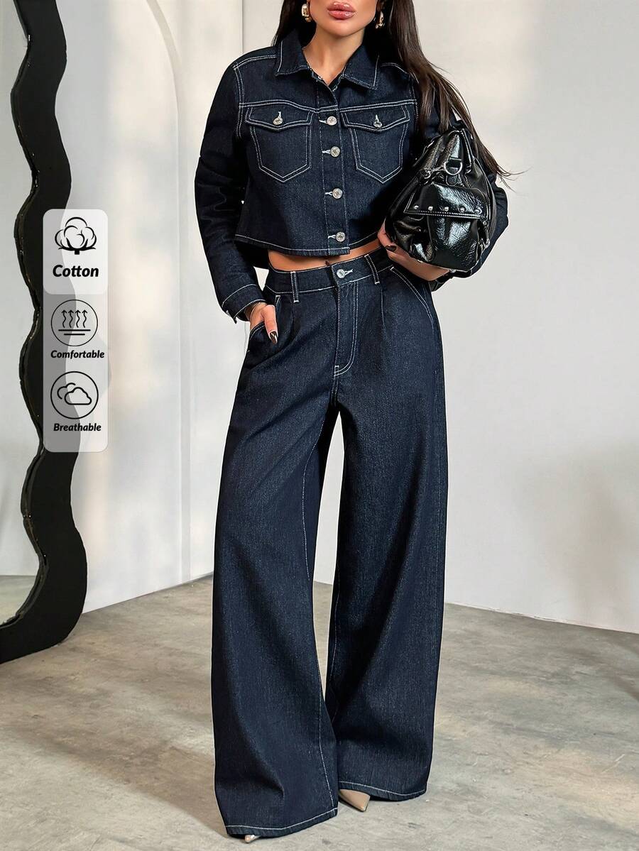 SHEIN Fashionable Commuter Washed Cropped Top And Wide Leg Jeans Set 2 Piece Set For Women - Dark Wash - View 1