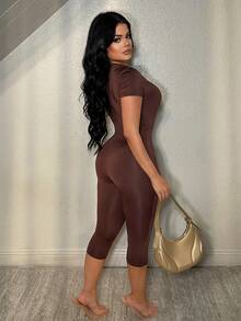 SHEIN SXY Women's Asymmetric Design One Shoulder Metal Buckle Bodycon Capri Pants,Carnival,Party,Rave Outfit ,Summer, Spring,Going Out,Elegant - Brown - View 2