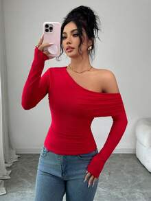 SHEIN Raffinéa Women's Casual Burgundy One Shoulder Ruched Long Sleeve Polyester Regular T-Shirt - Burgundy - View 4