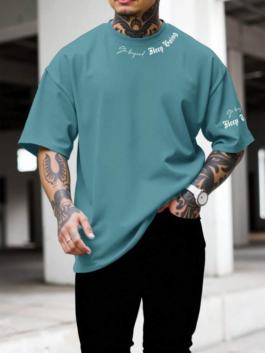 Manfinity LEGND 男士休闲印花圆领落肩T恤 - 藍色 - 查看 1