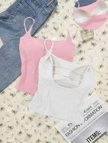 Tseoso 两件装女士罗纹吊带背心，内置衬垫胸罩（粉色和白色） - 休闲百搭背心，适合夏季及四季穿着，舒适柔软，清新甜美，居家、上学、运动、健身、街头风、情人节皆宜 - 黑色 - 查看 9