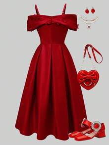 SHEIN Teen Girls' Waist-Cinched Off-Shoulder Bowknot Flared Dress, Suitable For Banquet