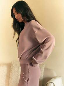 GLOWMODE Modal Soft Warm Curved Bubble Hem Waist Length Relaxed Sleeves Ribbed Cuffs Two-Way Wear Crew Neck Pullover Sweatshirt Daily Casual Wear Fall Winter - Dusty Pink - View 8