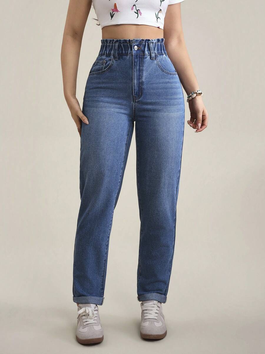 SHEIN Tall 女士高腰口袋锥形休闲百搭牛仔裤 - 藍色 - 查看 1