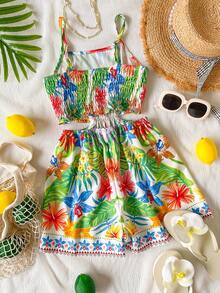 Tween Girls' Tropical Floral Print Sleeveless Jumpsuit, Loose Fit Casual Romper Suitable For Beach, Vacation, Outdoor Activities In Summer - Multicolor - View 2