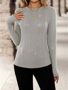 EMERY ROSE Women's Fashionable Commuter Shiny Fitted T-Shirt, Autumn Gray Top Long Sleeve Top Women Long Sleeve Tops Ribbed Top Grey Tops For Women - Grey - View 4