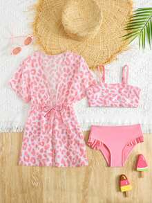 Young Girls Swimsuit Set, Cute Pink Leopard Print 3 PiecesSwimsuit, Fashionable Casual Elegant Suitable For Swimming, Vacation, Summer Three Piece Swimsuit Set Girls Summer Mesh Two Piece Bikini With Cover Up 3pcs Set Bikini With Sarong Skirt Pink Leopard Print Swimsuit Girls Matching Sets Vacation Girls Summer Swimwear Bikini Set With Sarong Skirt Summer Vacation Thermal Christmas Holiday Festival New Years Valentines Swim 
رمضان
عباياتabaya جلابياتjalabiya جلابيه Girls Summer Swimsuit Three-Pi Tied Waist Slim Fit Swimwear