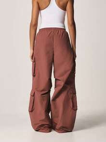 MISSGUIDED Rust Wide Leg Utility Cargo Pants With Multiple Pockets Elastic Waistband Casual Trousers Fall Winter Streetwear - Brown - View 2