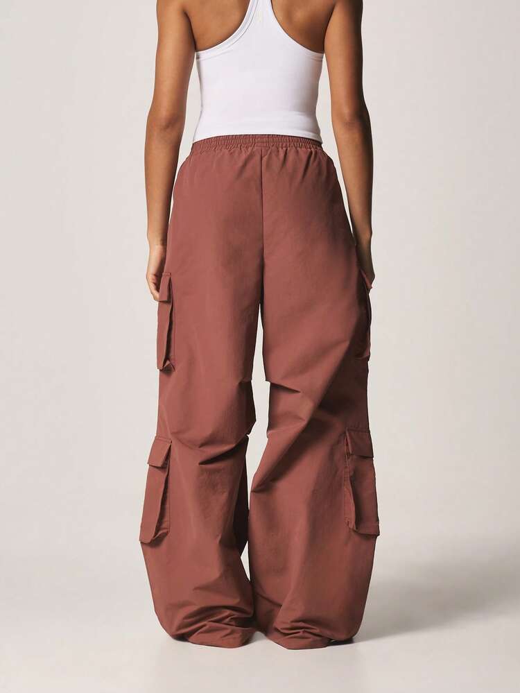 MISSGUIDED Rust Wide Leg Utility Cargo Pants With Multiple Pockets Elastic Waistband Casual Trousers Fall Winter Streetwear