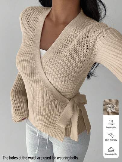 FavEase Women's Solid Color Fashion Versatile Criss-Cross Tie Front Cardigan, Autumn/Winter