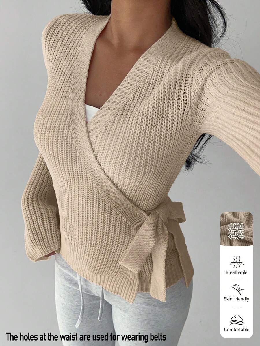 FavEase Áo khoác cardigan nữ thời trang màu trơn, đa năng, buộc dây chéo phía trước, thu/đông - Màu Khaki - Xem 1