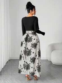 SHEIN Elenzya Plus Size 3D Floral Fabric Crew Neck Long Sleeve Dress - Black - View 2