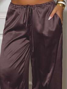 Ronhire 系带缎面长裤，夏季优雅休闲，适合度假、海滩、机场、秋季、冬季、返校季、工作、办公室、圣诞节等各种场合。 - 巧克力棕 - 查看 3
