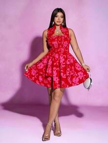 Viva Relle Plus Size Women's Elegant Floral Print Strapless Neck Design Fabric Gathering Waist Cinched Ruffle Trim Hem Mini Dress, Versatile For Party And GatheringValentine's Day