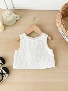 SHEIN LMoss Kids 女宝宝可爱夏季休闲百搭白色花卉刺绣吊带背心 - 白色 - 查看 2