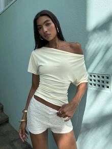 Opulessa Women's Solid Color Batwing Sleeve Pleated Fitted Fashionable Blouse, Spring Break, Summer, Valentine's Day, Elegant Wedding Guest Top, Casual , Vacation, Going Out Top, Spring To Summer - Light Yellow - View 5
