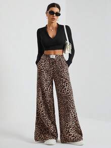 SHEIN Tall Women's Wide-Leg Street Trousers In Leopard Print Woven Cute Pants Wide-Leg Pants Wide Leg Pants Cheetah Pants Leopard Print Clothes Animal Print Pants Leopard Pants Animal Print Clothes - Multicolor - View 7
