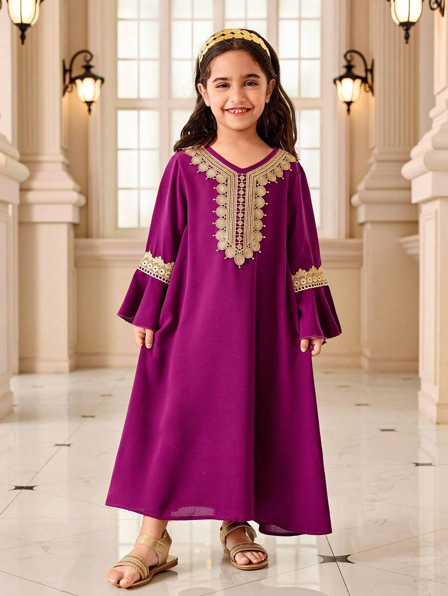 Girls' Traditional Arabic Clothing, Abaya, Purple Base With Gold Lace Embroidery, V-Neck + Flare Sleeves, Elegant And Youthful Design, Suitable For Ramadan Family Gatherings - Purple - View 1