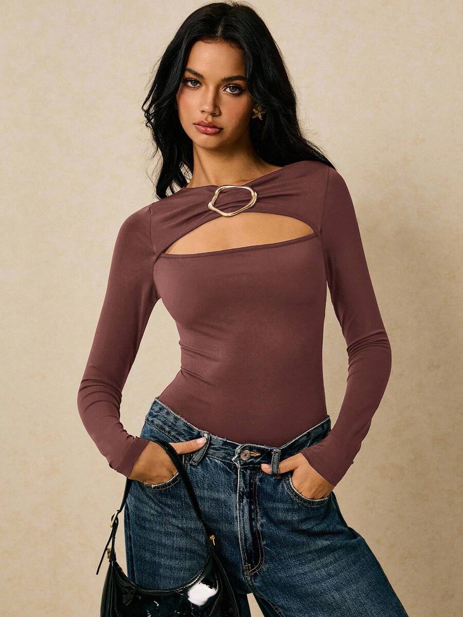 Poéselle 女士纯色金属环连体衣 - 紅木色 - 查看 1