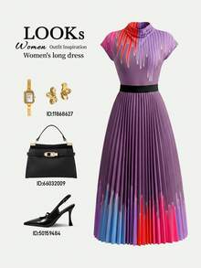 Xyvia Damen Mehrfarbiges gestreiftes digital bedrucktes Kleid mit hohem Kragen, taillierter Taille, A-Linie Saum und plissiertem Design, elegantes Kleid - Verschiedenfarbig - Übersicht 1