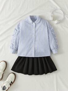 Maija Kids 女童蓝白条纹刺绣褶皱袖领长袖衬衫 - 藍白色 - 查看 3