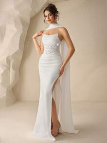 Women's Strapless Rhinestone Decor Ruched Flounce Elegant Waist Fitted Mermaid Formal Evening Gown - White - View 4