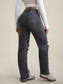 SHEIN Tall Women's Casual Versatile Commuting Distressed Pocket Button Frayed Hem Denim Jeans - Grey - View 2