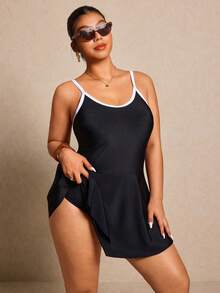 Elaquor Plus Size Contrast Trim Spaghetti Strap Beach Dress - Black - View 3