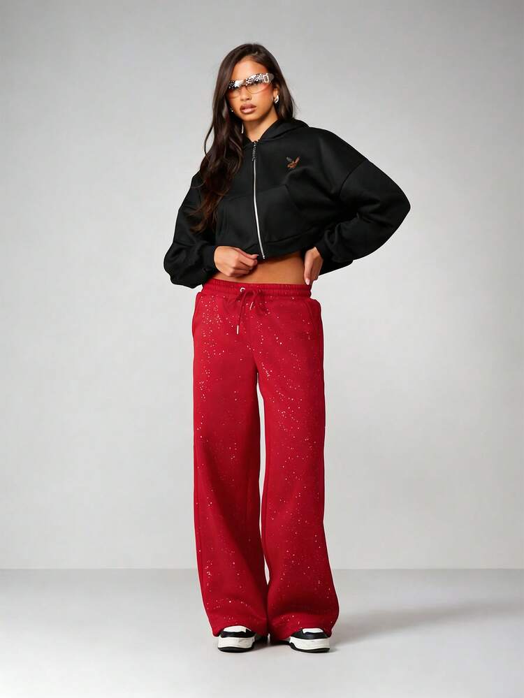 MISSGUIDED Pantalones de chándal de pierna ancha con cordón y detalles brillantes para comodidad y estilo casual