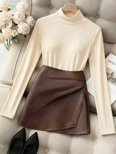 Franclia Conjunto de punto elegante para mujer de otoño/invierno 2025, Top ajustado elegante para mujer, Falda midi de oficina para mujer