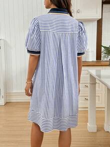 SHEIN Maternity Clothes Maternity Maternity Dress Nursing Dress, Boat Neck Puff Sleeve Half-Placket Striped Dress - Blue - View 7