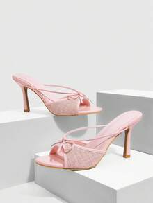 CUCCOO SZL 女士网纱拼接蝴蝶结绑带圆头细高跟凉鞋，优雅浪漫，适合下午茶、约会、优雅装扮、度假等场合。 - 淺粉色 - 查看 2