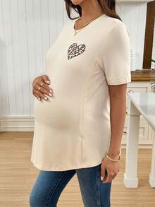 SHEIN Maternity Clothes Maternity Tops Nursing Top Pregnant Women Round Neck Short Sleeve Casual Heart Pattern T-Shirt Going Out Top  Casual T-Shirt Maternity Tops Pregnancy Shirts Maternity Clothes T Shirts Breastfeeding Shirt Nursing Tops - Khaki - View 6
